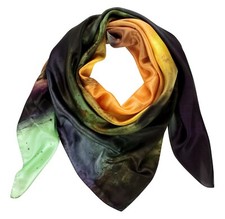 WESTON SCARVES 100% Silk Satin Orange Green Mexican 'Smoky' Fluorite 134x132cm