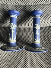 WEDGEWOOD (STAMPED) JASPERWARE, DARK BLUE LADY IN DECADENCE CANDLESTICK HOLDER