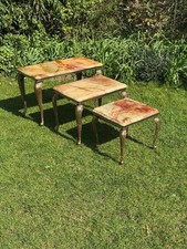 3 Retro Vintage Onyx Marble Nesting Coffee Tables Brass Legs 1970's