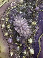 Large amethyst crystal geode & fire glass wall art set in resin. Purple & gold. 
