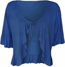 WOMANS TIE UP FRONT BOLERO SHRUG WOMENS SHORT SLEEVES FRILL SHIRT PLAIN CROPPED