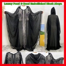 Elegant Muslim Women's Studded Diamond Casual Long Sleeve Dress Robe Abaya Hat