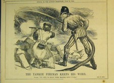 Original Old Antique Print American Fireman 1866 Woman Rifle Fire Water Hose