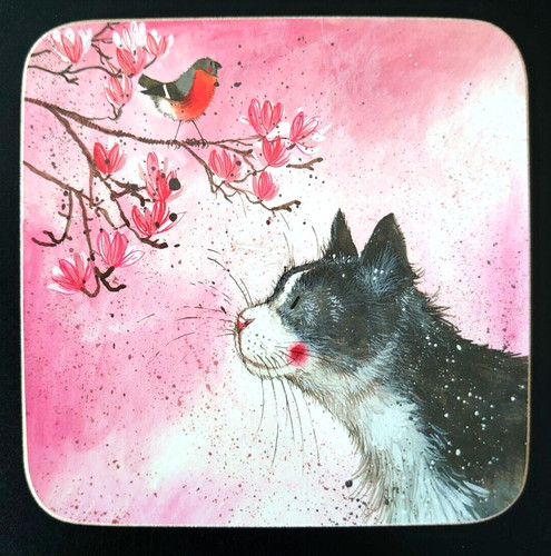 Single coaster cat with bird - -,
