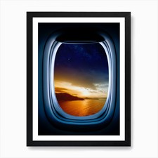 Airplane window with Moon, porthole Framed Wall Art Poster Canvas Print Picture