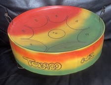 TOBAGO RED YELLOW AND GREEN STEEL DRUM WITH STAND NO DRUMSTICKS 11 X 3 INCH