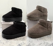 Womens Platform Ankle Boots Warm Lined Chunky Sole Cosy Winter Style Borg Sherpa