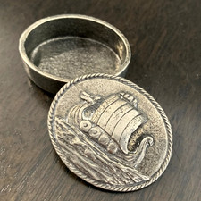 Vintage Viking Long Ship PEWTER PILL  /  SNUFF BOX  4cm Long - EUC