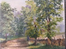 Vintage oil painting, Wykeham Lane, Scarborough, Yorkshire, trees signed M Baker