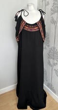Biba Black Long Maxi Dress Tier Embroidered Boho Tassel Beach Summer 16