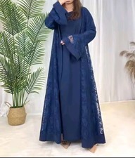 Ramadan Eid Prayer Lace Abaya 2 Pieces Set Inner Dress Women Flare Sleeve Long