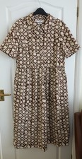 Toast Selma Cotton Shirt Dress Size 14 Midi Brown Cream Short Sleeves A Line