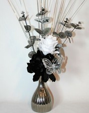 Artificial Flowers, Black & White Flower Arrangement in Small Silver Vase