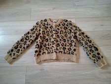Gallery Camel Leopard Print Long Sleeve Short Cardigan Fluffy Knit UK12/14 (M)