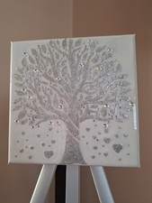 Silver Sparkling Tree Of Life Wall Hanging Canvas Embellished With Crystals