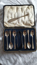 Box Set of Antique Silver Tea Spoons & Sugar Tongs 1916 GGR + EPNS Butter nife