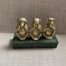 Vintage Brass 3 Wise Monkeys  Hear, See, Speak No Evil Marble Pedestal
