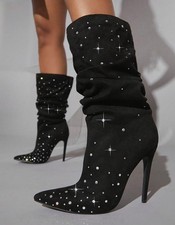 LADIES BLACK FAUX SUEDE RHINESTONE SLOUCH BOOTS SIZE 9 TRANSVESTITE TV CD DRAG