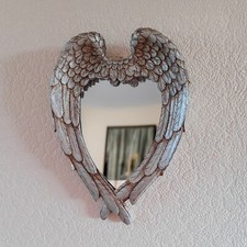 Small Angel Wings Mirror Wall Hanging Feathered Decor Rustic Heart Shaped Home