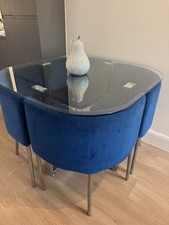 Glass Stowaway Table & Blue Velvet Stools Dining Set