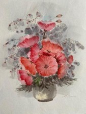 ORIGINAL WATERCOLOUR VASE OF ANEMONES by C WILLIAMS BOTANICAL FLOWERS STILL LIFE