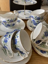 Vintage Royal Vale Pretty Cornflowers Tea Cups Saucers 22pc China Set Cake Stand