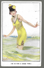 Vintage art signed postcard BARRIBAL glamour, risqué bathing belle. pmk 1922