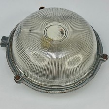 Vintage French Grey Heavy Cast Iron & Prismatic Glass Industrial Bulkhead Light