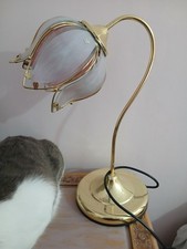 Vintage Hollywood Regency 1930s Style Lotus Glass Shade Brass Bedside Lamp