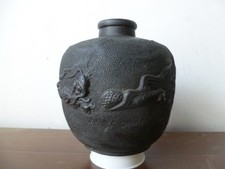 Japanese Antique Vase Iron Ceramic Ko-Tokoname 3 Toed Dragon Matte Black Signed