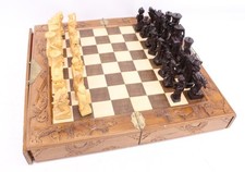 Vintage Wooden Carved CHINESE Travel CHESS Set w/ 2 Draws Complete -A25