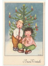 1956 Bosisio Vintage Christmas Postcard Christmas Tree Kids Music Flute