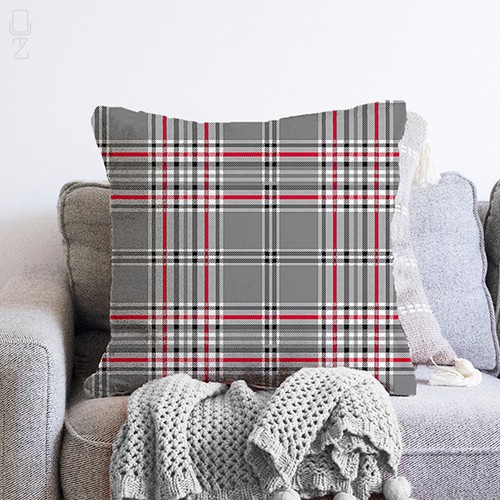 Grey red tartan cushion - grey,