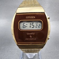 Citizen CQ Digital Watch Men 33mm LCD Gold Tone New Battery 4-097238 VTG