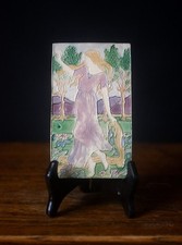 Art Nouveau Ceramic Relief Tile – Lady in Landscape Glazed Wall Plaque 16.5x9.5c