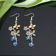 Blue Flowers And Enamel Bumble Bee Silver Dangle Drop Earrings