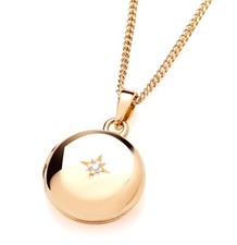 9ct Yellow Gold on Silver Simulated Diamond Round Photo Locket Necklace + Chain