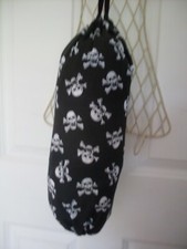 CARRIER BAG HOLDER BLACK SKULL & CROSSBONES FABRIC HANGING STORAGE, HAND MADE.
