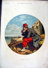 Original Old Antique Print Colour 1856 French Sier Sitting Rocks Seaside 19th