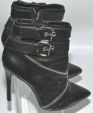 ZARA ANKLE BOOTS BIKER ROCK ZIPPY BELTS HIGH HEELS BLACK LEATHER UK 4 EURO 37