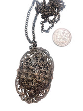 Divine 1930's Filigree Metal Large Powder Compact & Mirror Necklace Original