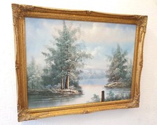 Original Oil Painting Trees River Lake Landscape Gold Ornate Frame 27ins