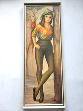 VINTAGE LADY & PARROT 1960s / 1970s GIRL KITSCH ORIGINAL PRINT FRAMED EXCELLENT