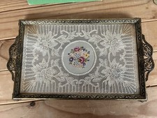 Vintage Embroidered Lace Petit Point Floral Dressing Table Brass & Glass Tray