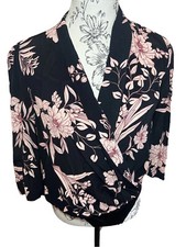 River Island Bodysuit Top Floral 3/4 Sleeves Black Pink Size 10
