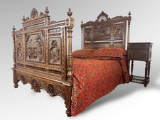 Antique French Carved Breton Bed Figural Bed Frame