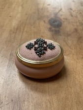 Vintage Beaded Pill Box Ceramic Pink and Gold Lid Decorative Storage Trinket Box
