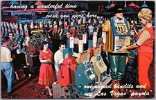 Vintage 1960s LAS VEGAS, Nevada Postcard Casino Scene "One-Armed Bandits" Unused