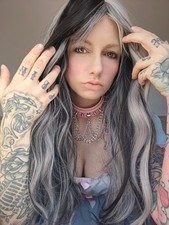 Ladies Silver Black Long Wavy Wig With Bangs Cosplay Goth Dressing Up