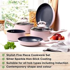 Premium Blush Pink 5-Piece Ceramic Cookware Set Includes Frying Pans & Saucepan